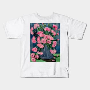 Pink and white carnations flowers in a blue and silver metallic vase. Kids T-Shirt